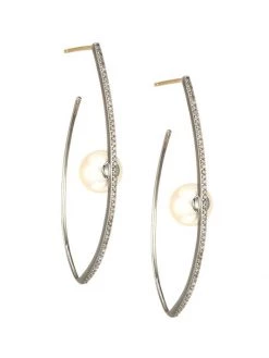 Nina Gilin Black Rhodium-Plated, Diamond & 6MM Cultured Sea Pearl Hoop Earrings