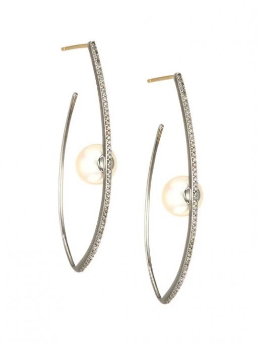 Nina Gilin Black Rhodium-Plated, Diamond & 6MM Cultured Sea Pearl Hoop Earrings -Deals Apparis Store unnamed file 320