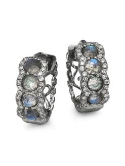 Nina Gilin Black Rhodium Silver, Diamond & Labradorite Huggie Earrings