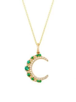 Nina Gilin 14K Yellow Gold, Diamond, & Emerald Crescent Moon Pendant Necklace