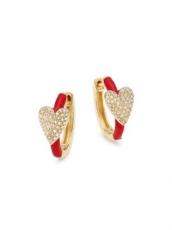 Nina Gilin 14K Yellow Gold, Diamond & Red Enamel Heart Huggie Hoop Earrings